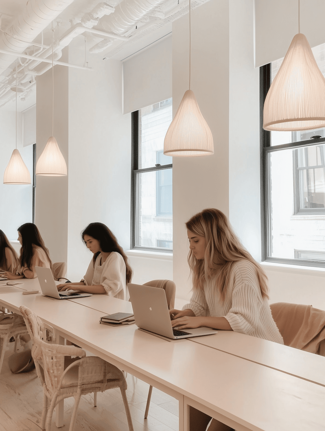 A team working together on laptops in a bright, open office